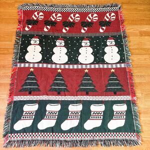 Lillian Vernon Vintage Christmas Woven Throw Blanket Snowman Candy Cane Blanket